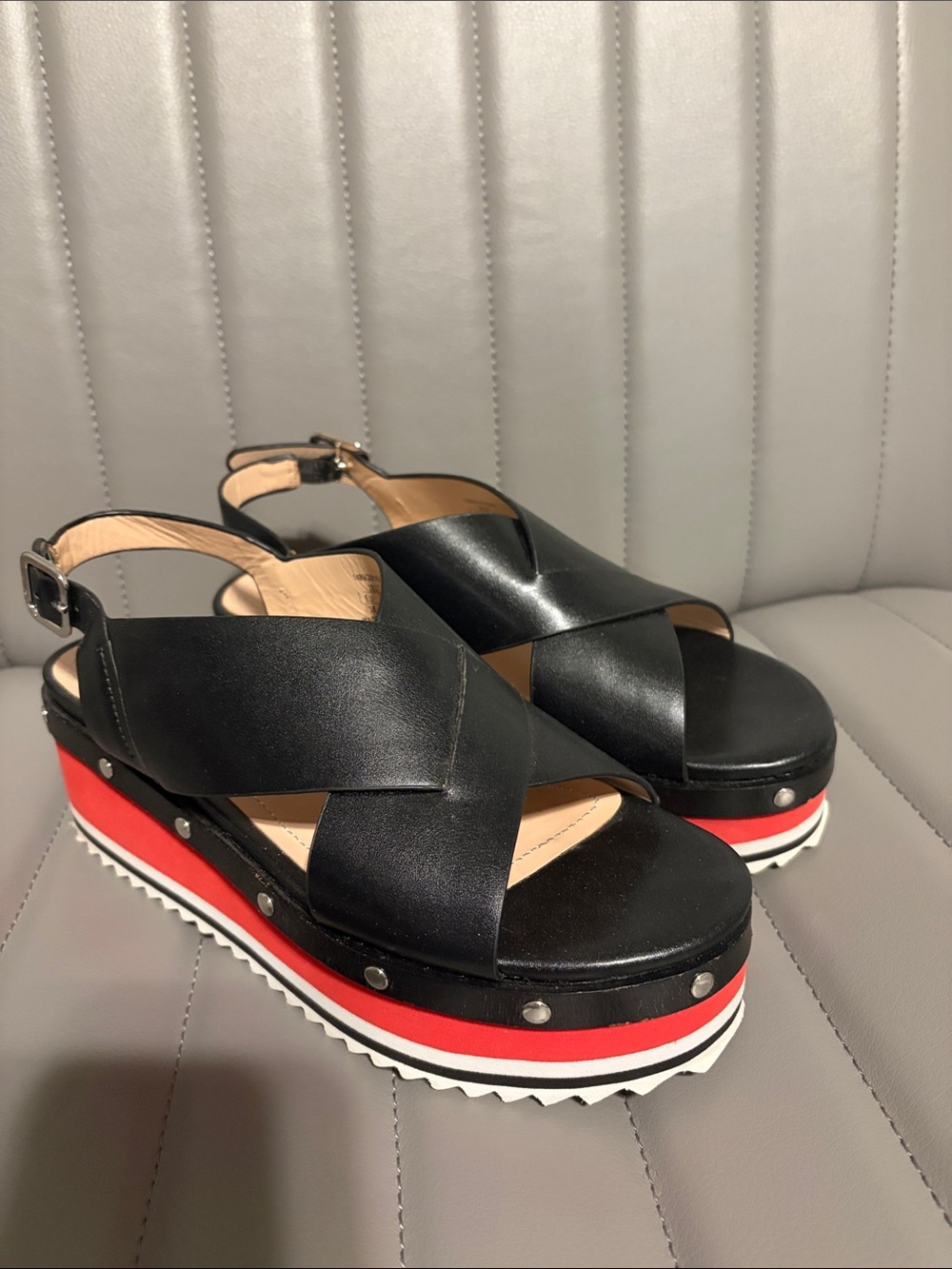 Zara Black Platform Sandals with Red Stripe